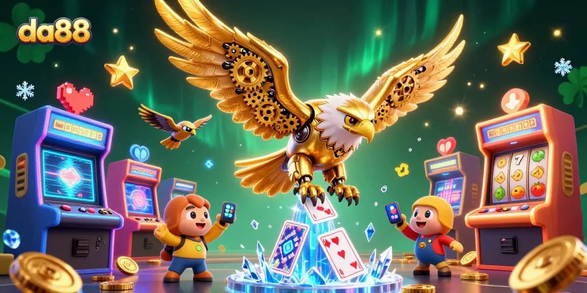 Experience thrilling gaming excitement with da88's cybernetic eagle amidst dazzling casino visuals.