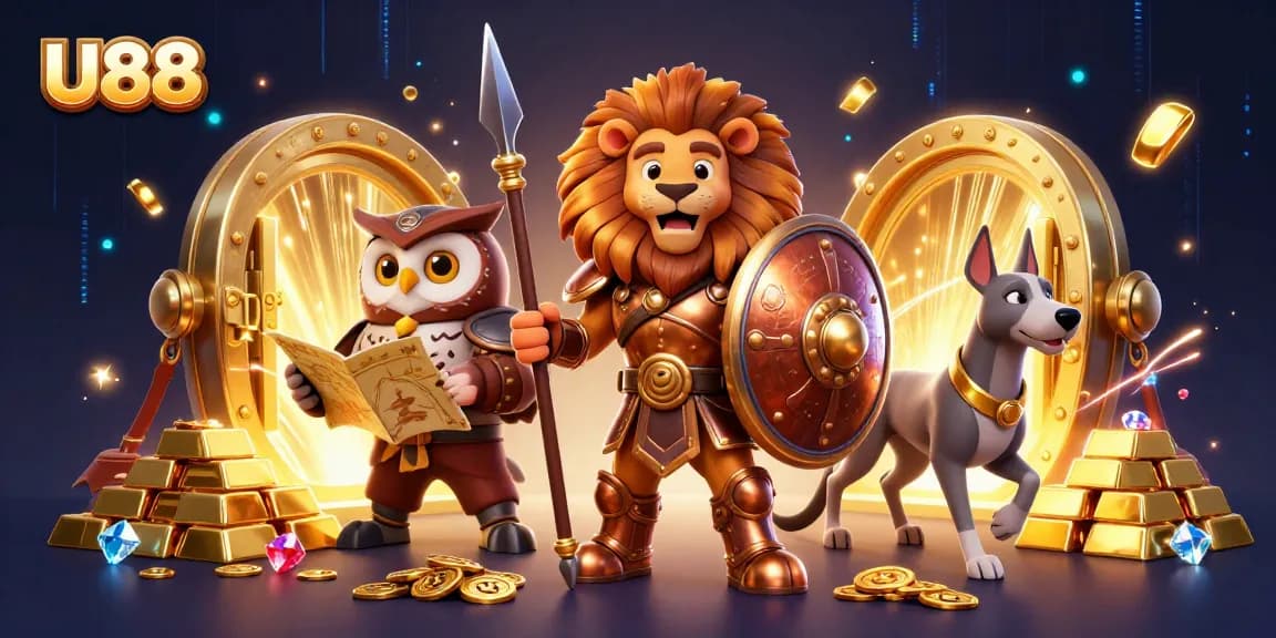 Experience U88 action with a Spartan lion and fortune elements glowing in a vibrant casino scene.