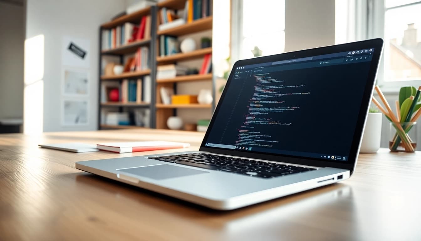 Creating a custom Shopify development project in a modern workspace with design elements.