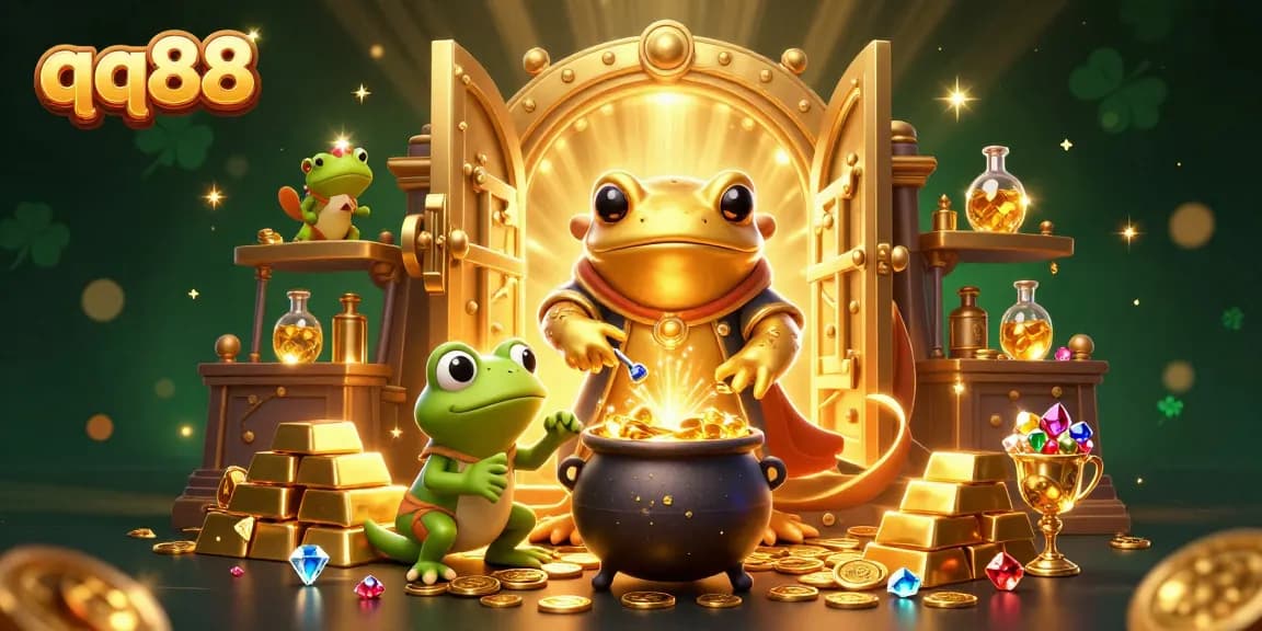 Activate winning strategies at qq88, showcasing a gold-themed alchemist scene filled with treasure.