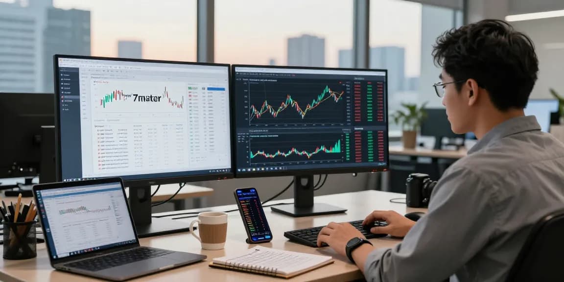 Financial analyst updating stock trends and 'Prediksi 7meter' forecasts at a modern desk in a bright office.
