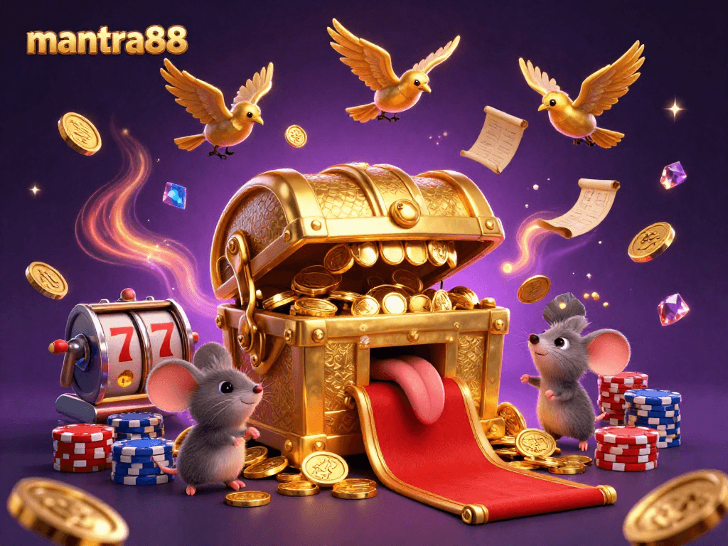 Play slots with mantra88 in a vibrant casino setting full of golden treasures and animated characters.