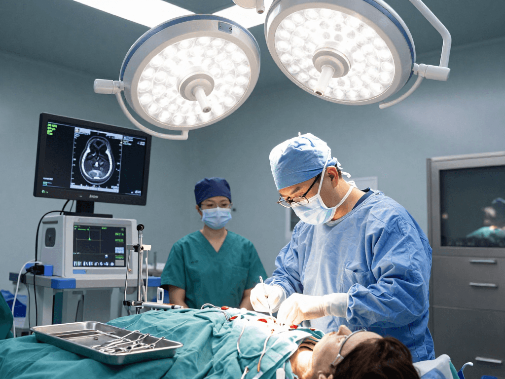Bel kayması ameliyatı in a modern surgical room with a surgeon and advanced equipment.