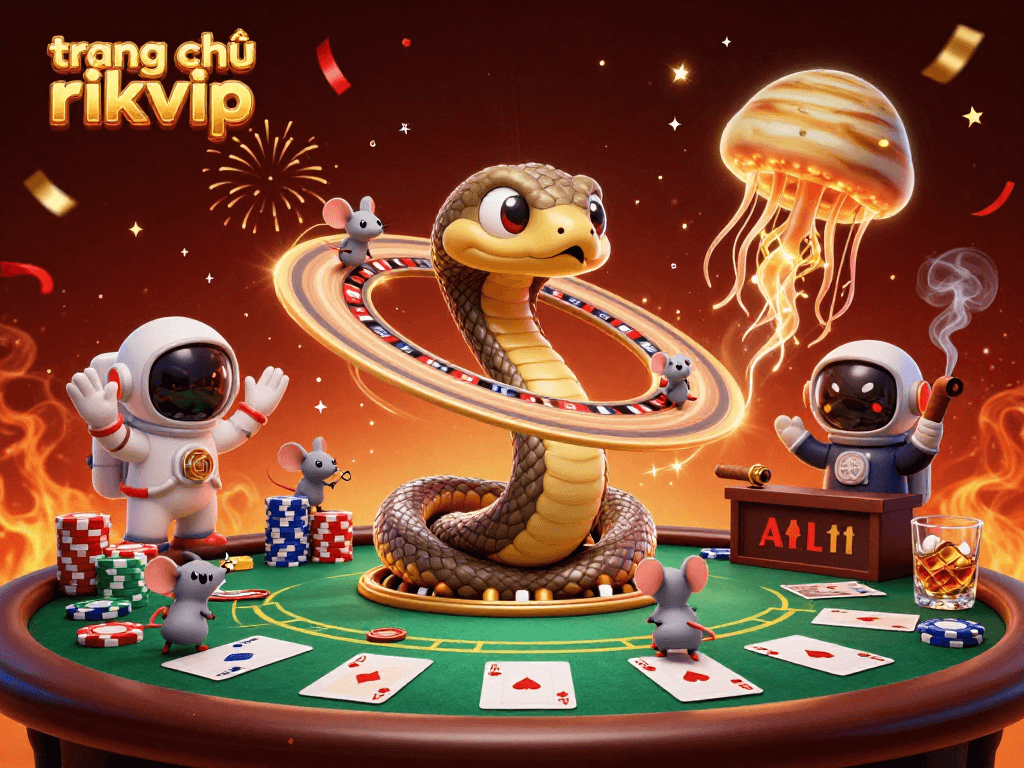 Engage with the fun of trang chủ rikvip as a cosmic casino scene unfolds with a snake roulette wheel and betting mice.