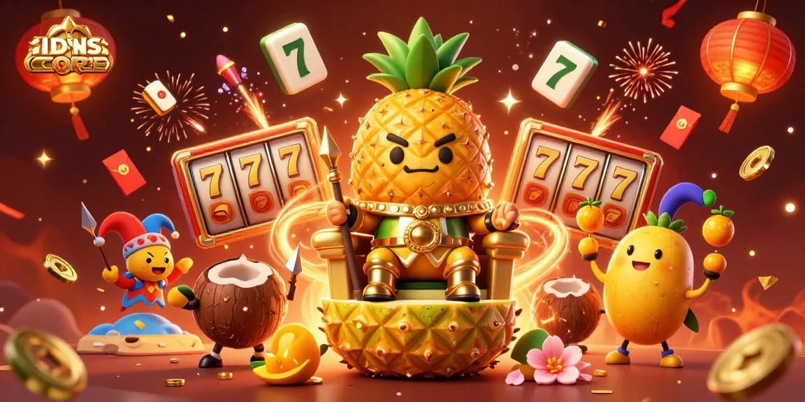 Join the fun at IDNSCORE with a golden pineapple king and vibrant slot themes in a dynamic casino atmosphere.