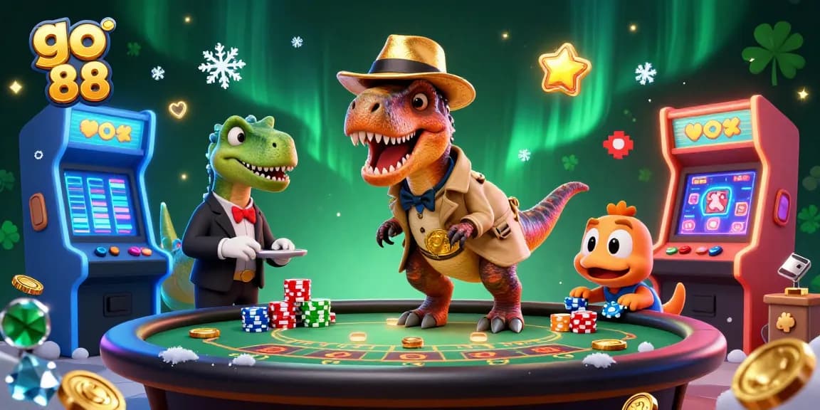 Experience the thrill of go 88 betting with a velociraptor at a blackjack table in a vibrant casino.