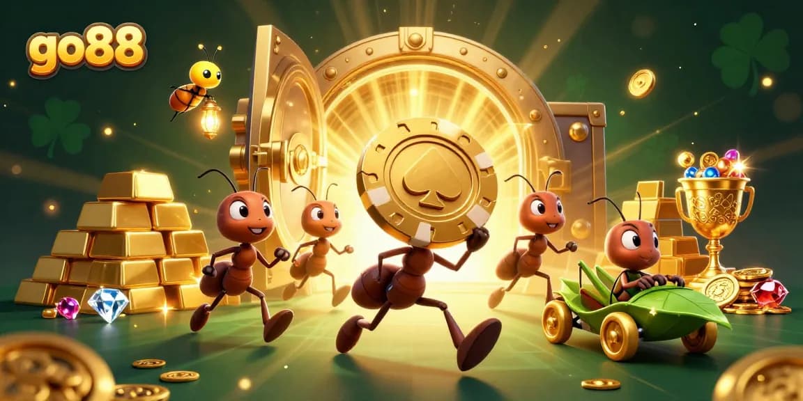 Engage with go88's thrilling casino adventure showcasing a heist with ants and gems.