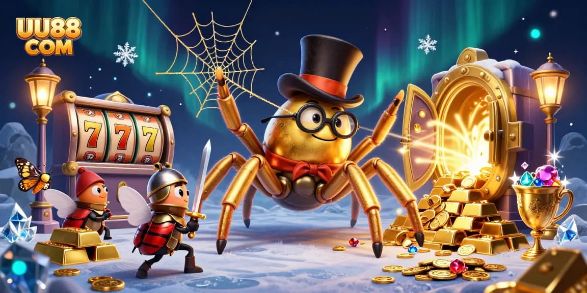 Experience thrilling gaming at UU88 COM with a giant golden tarantula weaving a web among slot games.