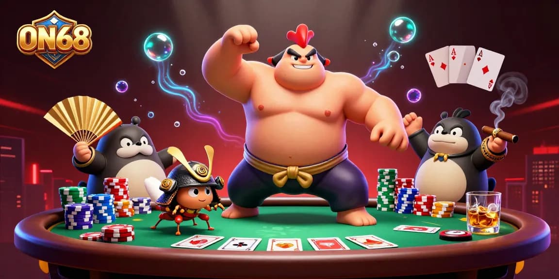 Engage with thrilling ON68 gameplay as a powerful sumo rooster and a fierce cricket dominate the casino scene.
