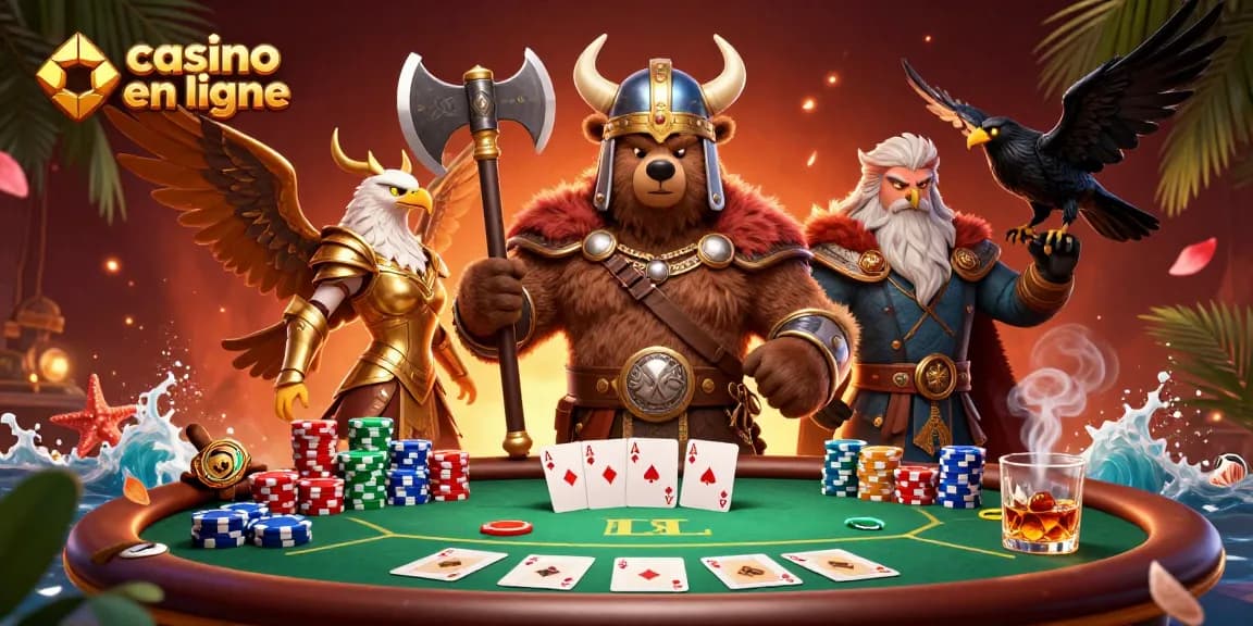 Illustration dynamique représentant un casino en ligne, avec un ours viking et une aigle valkyrie autour d'une table de poker.