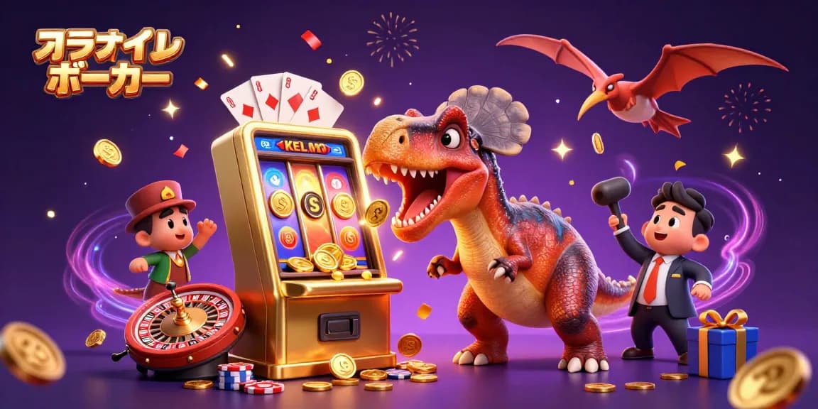 オンラインポーカーのプレイ中、恐竜がジャックポットのコインを出すスリリングなシーン