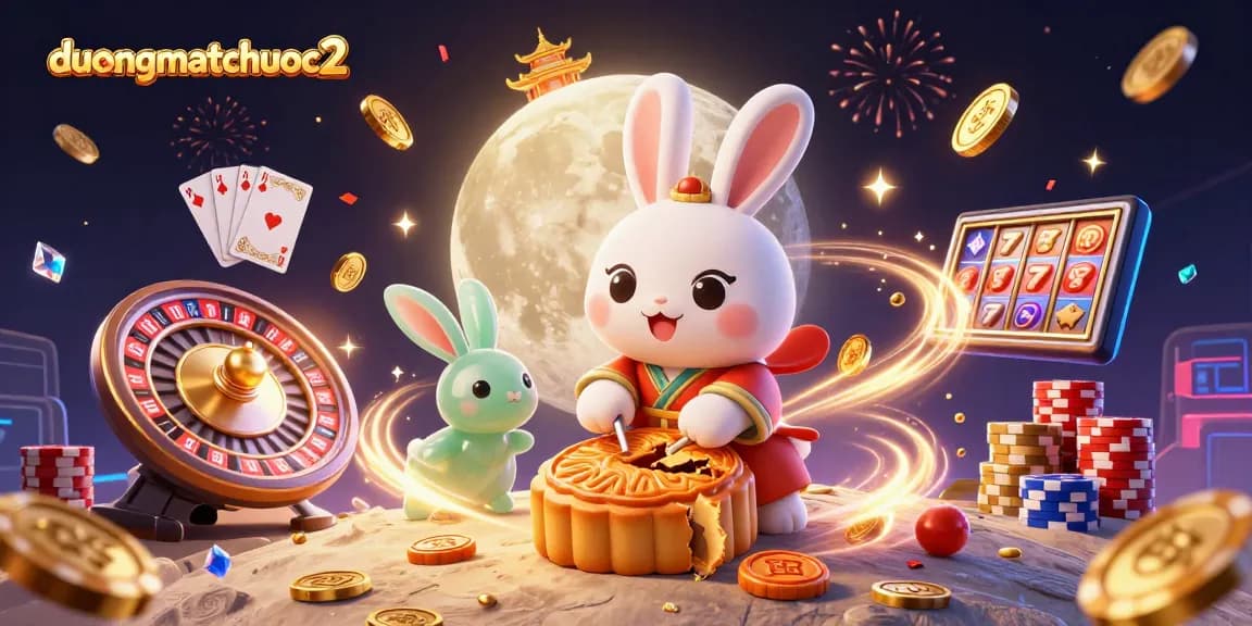 Experience duongmatchuoc2's captivating 3D scene with a moon rabbit celebrating casino riches.
