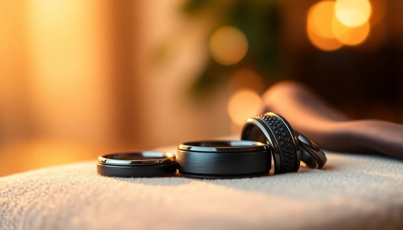Showcase dark mens wedding bands in a luxurious setting highlighting their elegant designs.