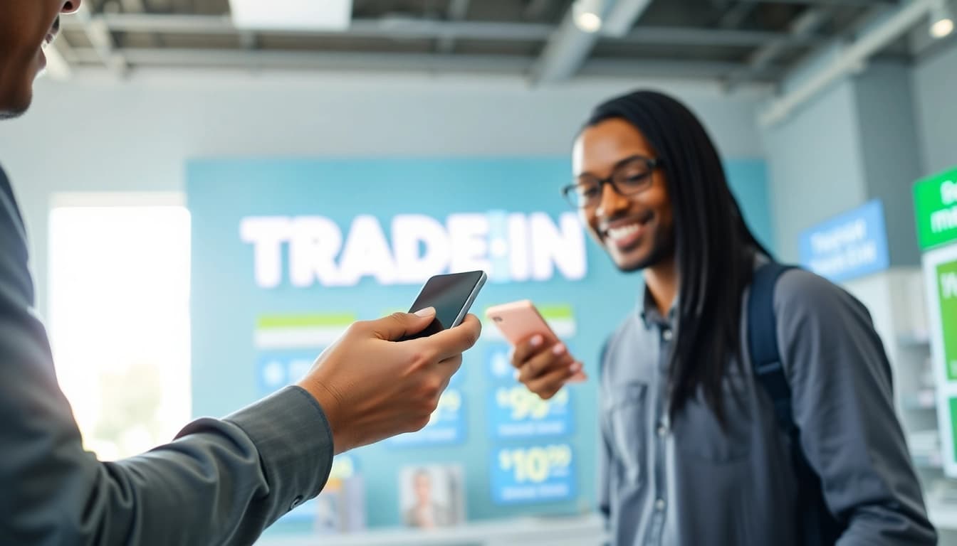 Trade in phone for cash at a modern store, showcasing a customer receiving cash for their smartphone.