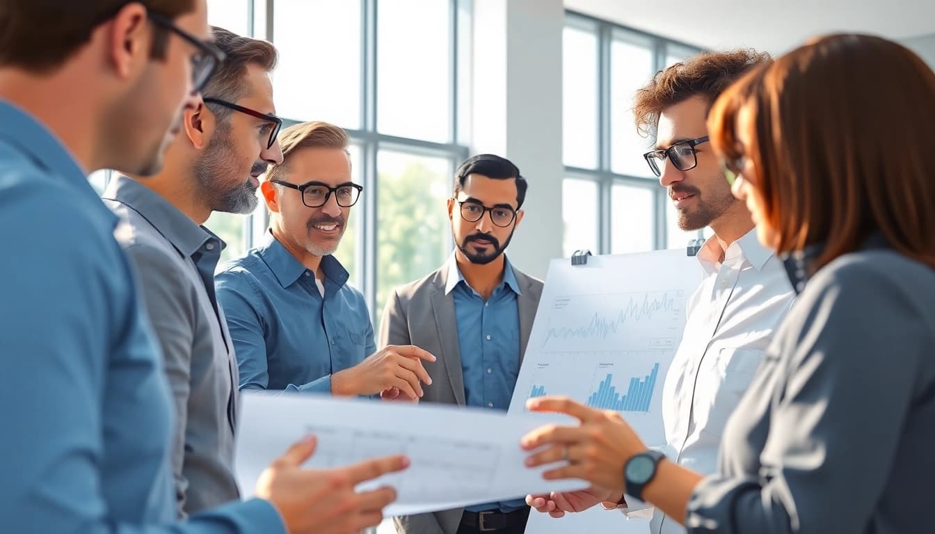 Business development executive leading a team meeting with dynamic visuals in a modern office.