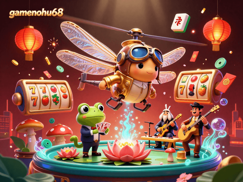 Experience thrilling games at gamenohu68 with vibrant slots and engaging card games in a colorful casino illustration.
