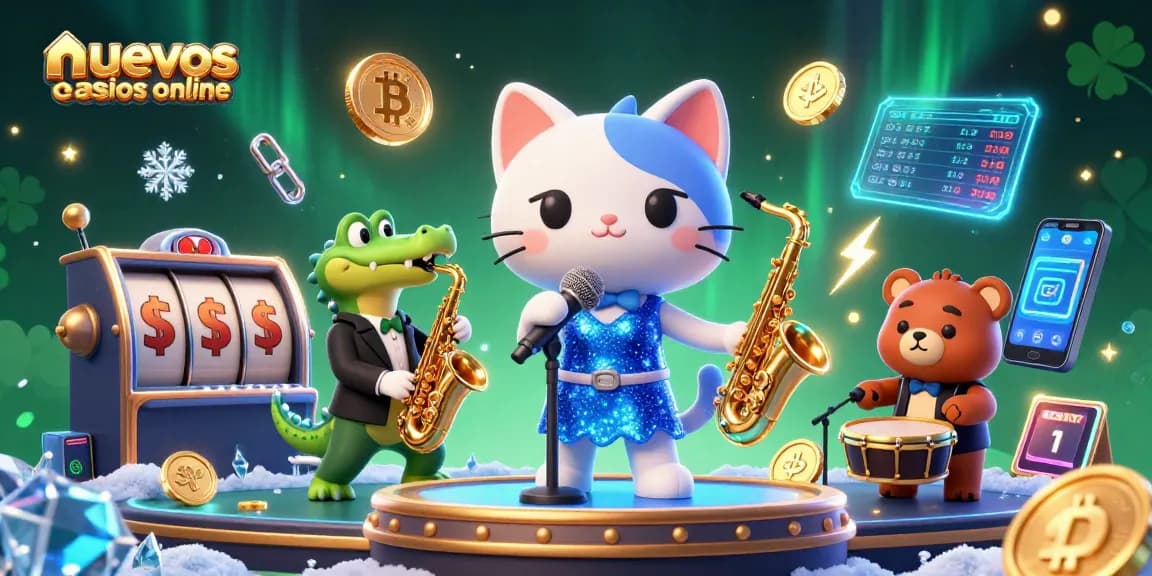 Explora nuevos casinos online con nuestra colorida ilustración de un gato cantante, un cocodrilo, y un oso sobre un escenario de casino.