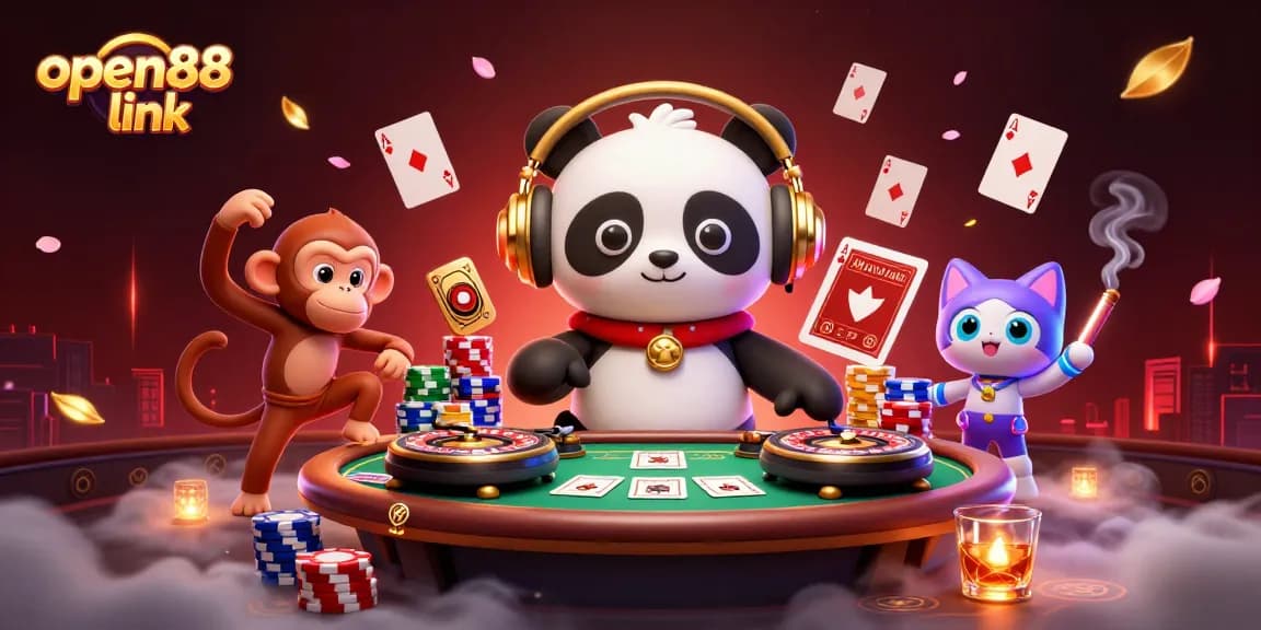 Engage with the vibrant open88 link scene featuring a DJ panda, dancing monkey, and kitten amidst lively casino elements.
