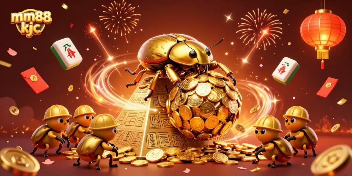 Experience thrilling moments with mm88 kjc as the golden beetle rolls coins, embodying casino excitement.