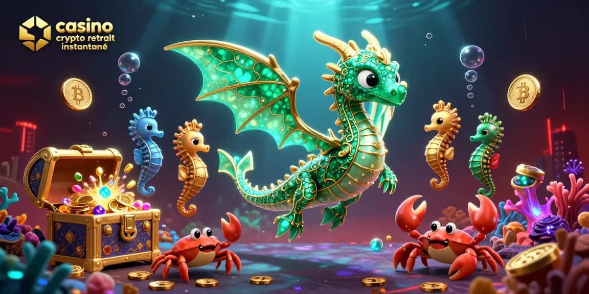 Le casino crypto retrait instantané présente un dragon de mer 3D émeraude entouré de trésors et d'éléments basés sur la blockchain.