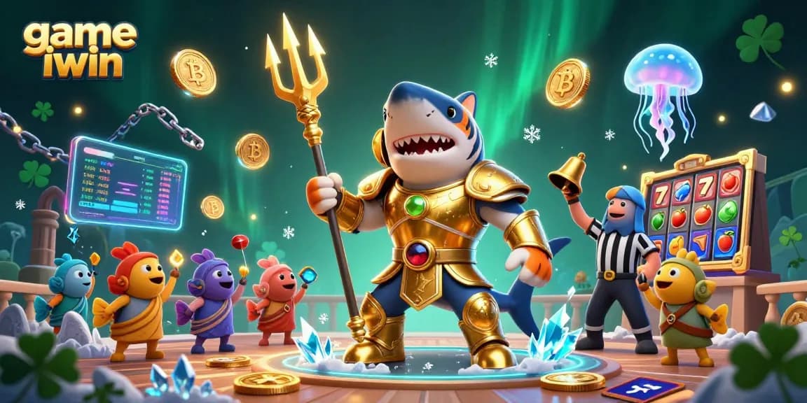 Engage with the exciting game iwin showcasing a dynamic underwater casino scene featuring a tiger shark and vibrant slot elements.