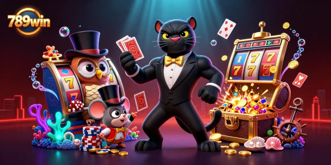 Experience thrilling card games with 789win's charismatic panther dealer and friends among vibrant slots and treasures.
