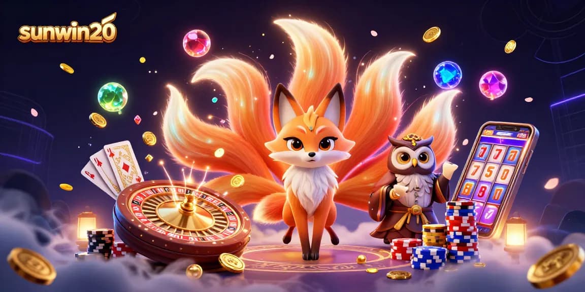 Experience winning excitement with sunwin20's vibrant casino spirit illustration featuring a glowing fox and owl.