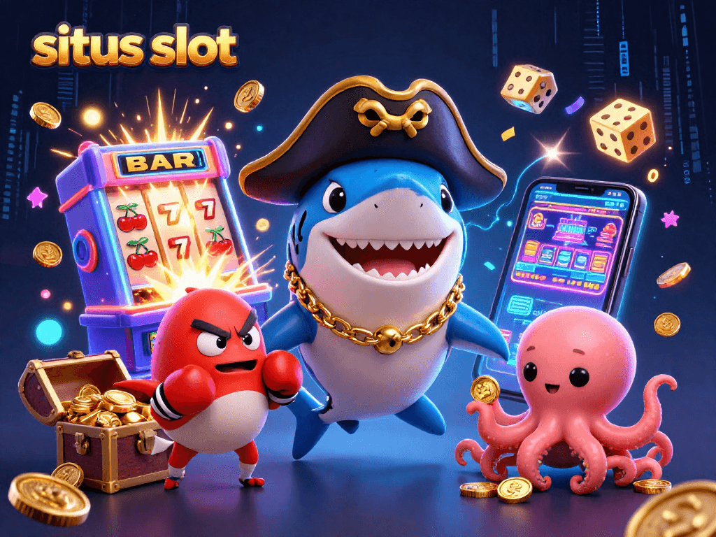 Menggapai jackpot dengan situs slot, hiu bajak laut, ikan puff merah, dan bayi cumi mengumpulkan koin emas.
