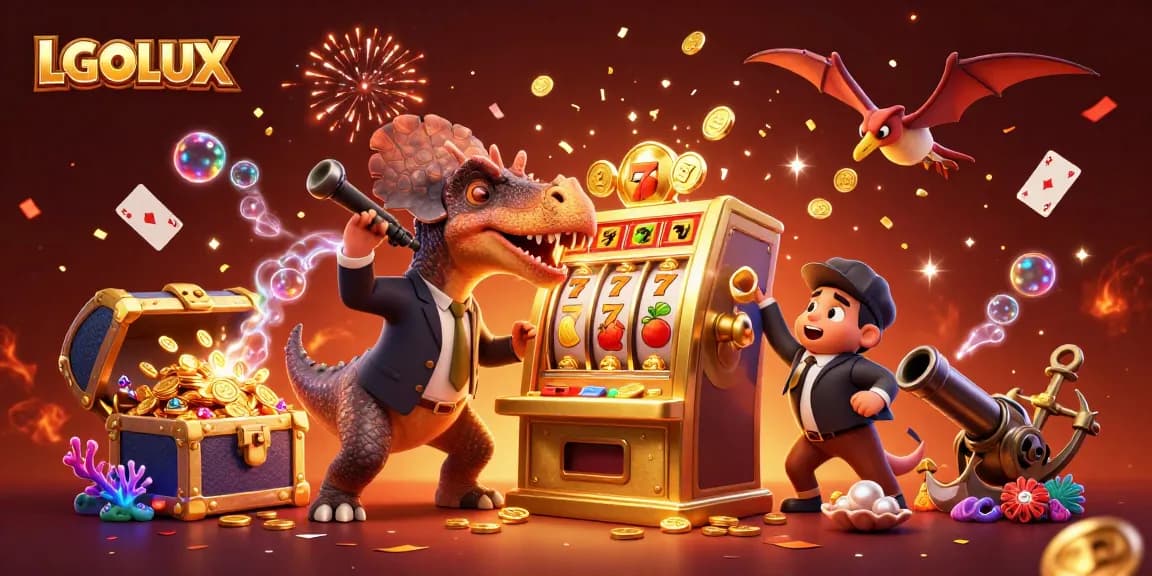 LGOLUX showcases a thrilling scene featuring cartoon dinosaurs engaged in a slot machine jackpot.