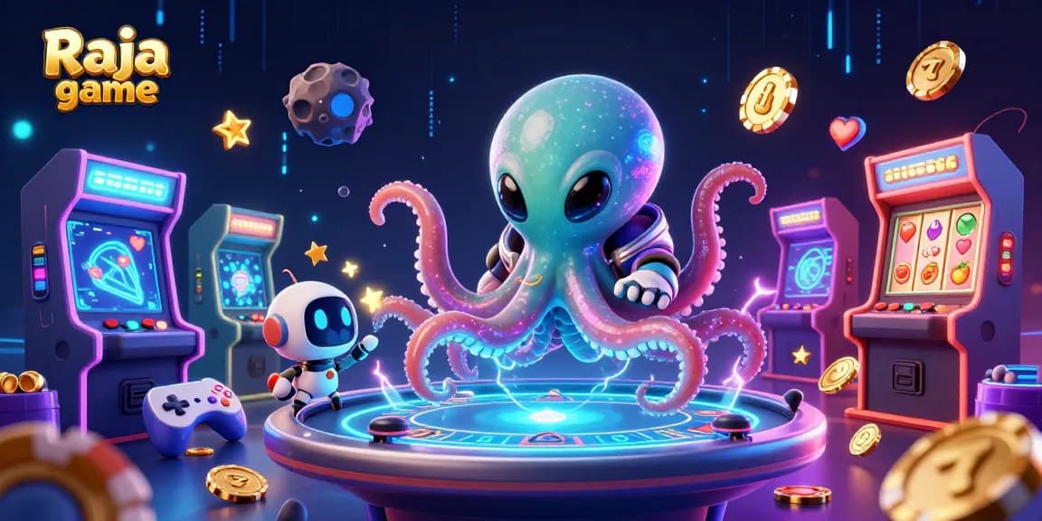 Engage in thrilling Raja game action with an alien octopus at a holographic poker table surrounded by vibrant casino elements.
