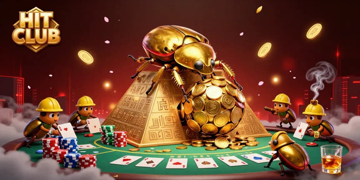 Experience HIT CLUB action with golden beetles and poker elements in a vibrant casino scene.