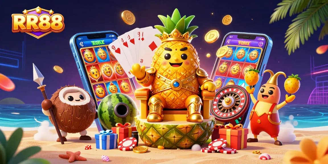 Experience thrilling gameplay at RR88 with a lively 3D casino scene featuring vibrant characters and slot games.