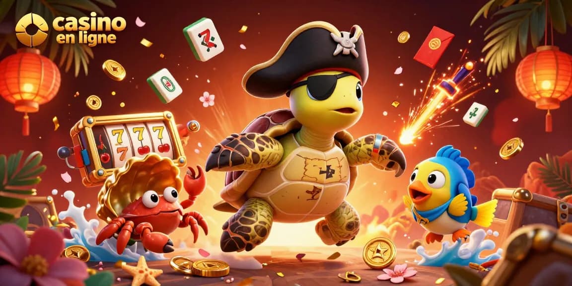 Profitez du casino en ligne avec cette scène colorée de créatures marines et machines à sous scintillantes.