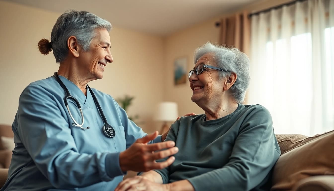 Pflegevermächtnis in einem warmen Wohnzimmer, wo ein Pfleger einem Senior liebevolle Unterstützung bietet.