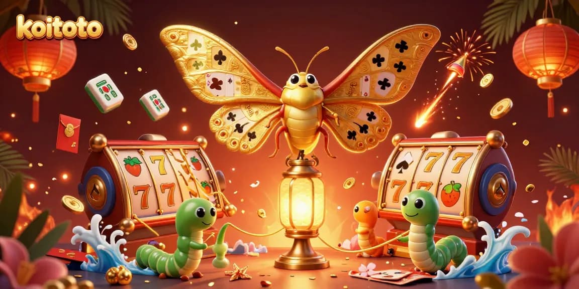 Koitoto enchants players with golden butterflies amid vibrant casino scenes and floating slot reels.