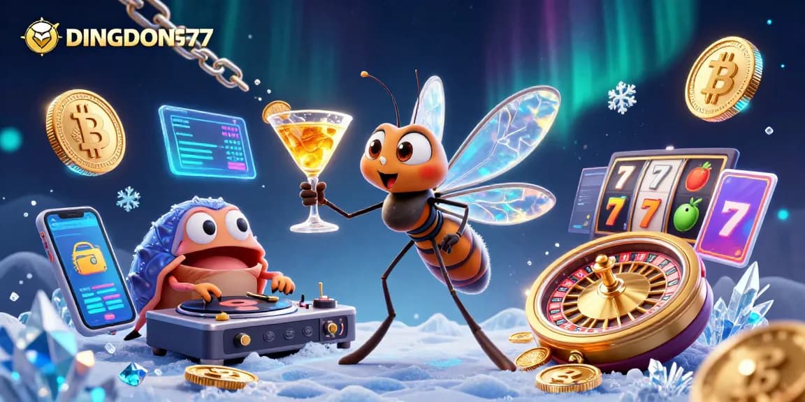 DINGDONG77 presents an exciting casino scene with vibrant characters and crypto elements.