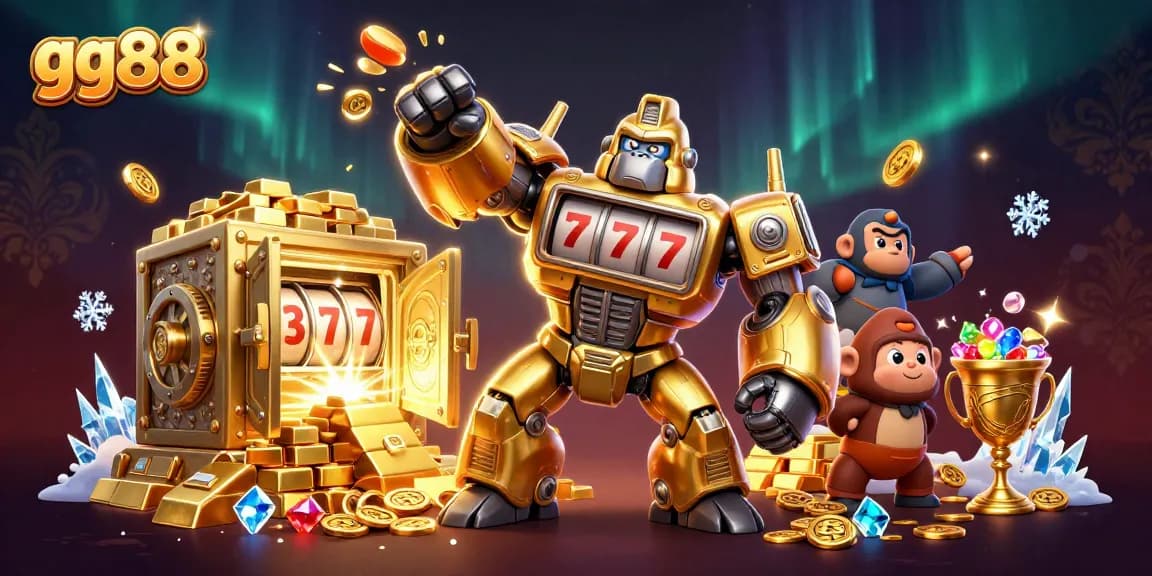 Engage with thrilling slot mechanics in gg88, featuring a 3D golden gorilla mech amidst treasures.