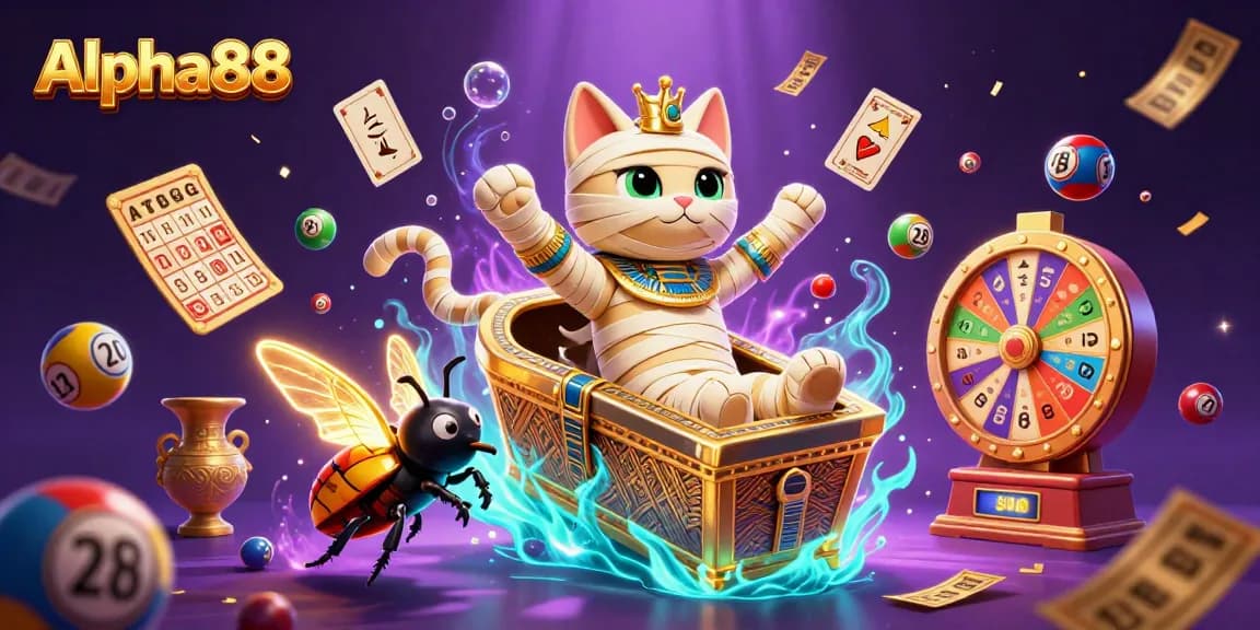 Experience thrilling gameplay at Alpha88 with an Egyptian mummy cat and vibrant casino elements.