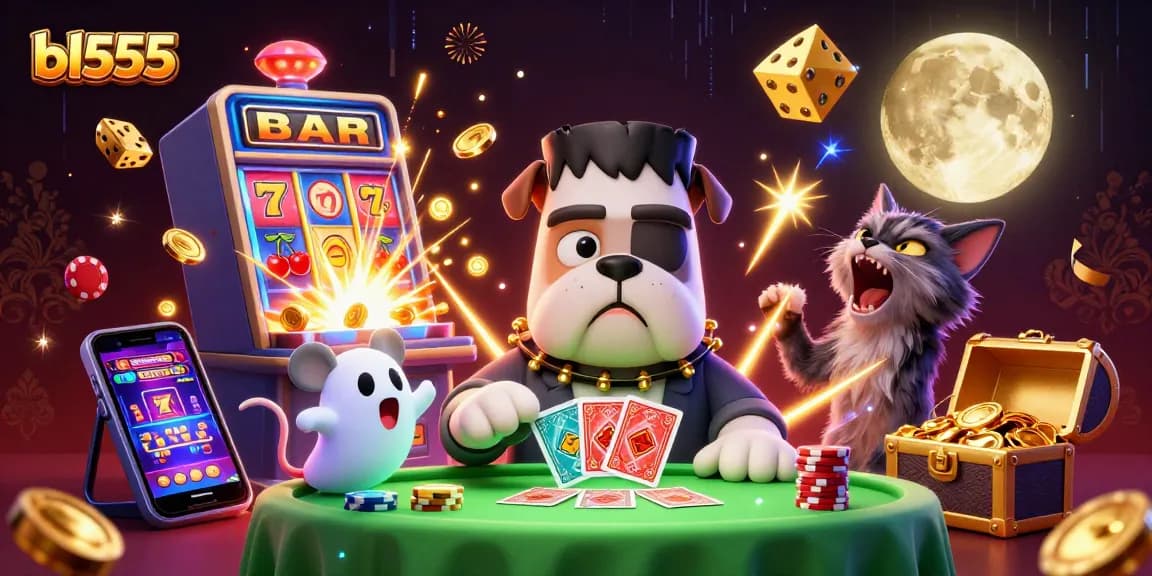 Experience vibrant gaming fun at bl555 with a lively 3D scene of characters and casino elements.