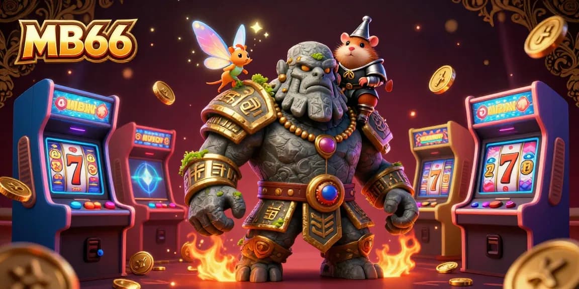 MB66 casino scene with golem guardian and fairy magic amidst vibrant slot game elements.