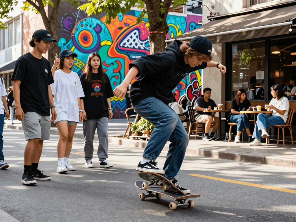 Skateboarder melakukan trik di kota sambil dikelilingi teman-teman, menciptakan suasana delapantoto yang energik.