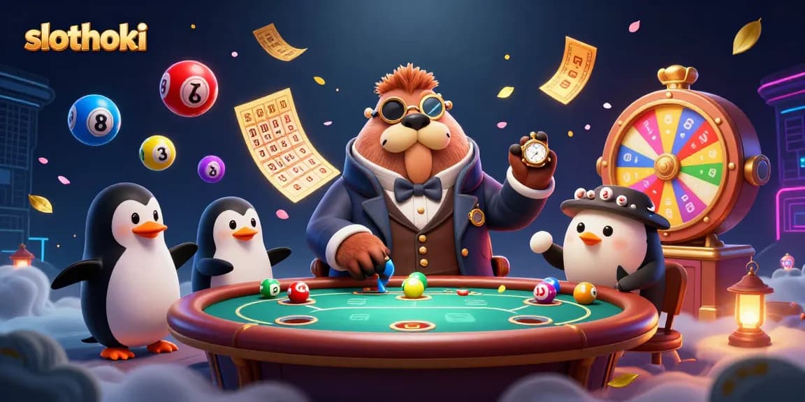 Slothoki menghadirkan walrus ceria bermain poker di meja bawah laut yang dikelilingi bola lotere berwarna.
