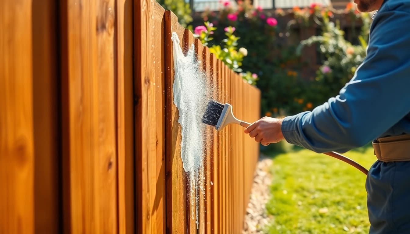 Fence Cleaning: Professional cleaning of a wooden fence in a beautiful garden environment.