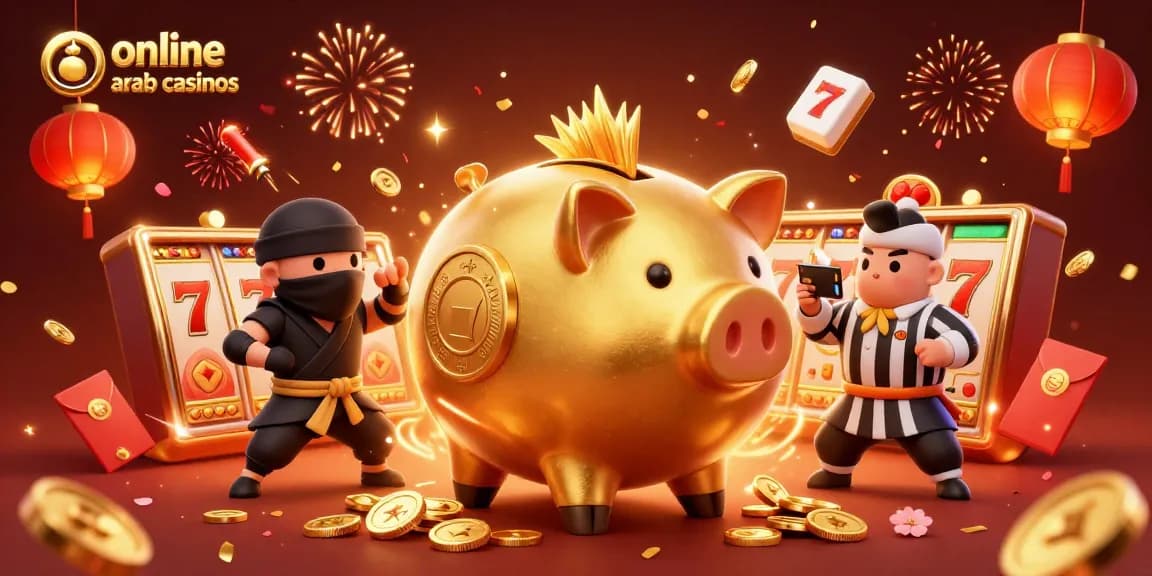 Experience the thrill of online arab casinos with dynamic characters amidst festive elements.