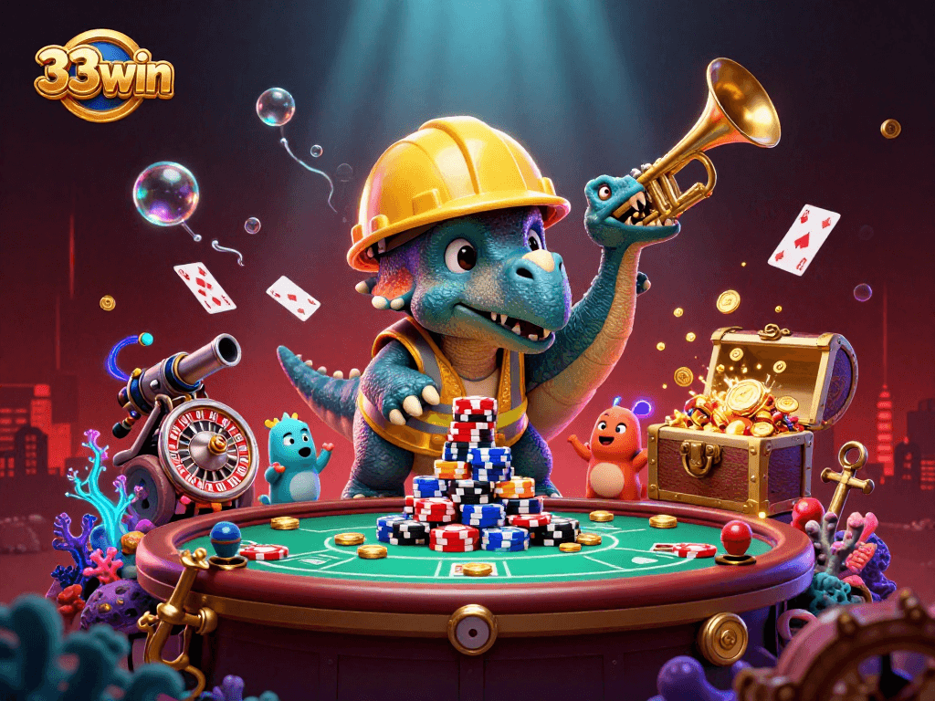 Engage with the 33win casino excitement, featuring a triceratops and poker elements in a vibrant underwater scene.