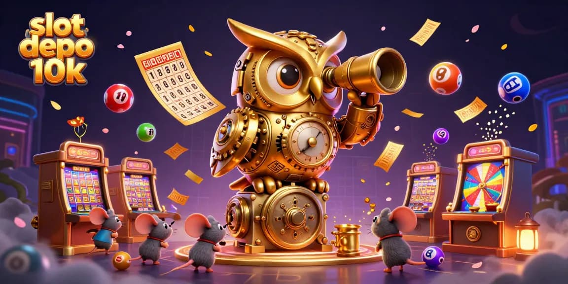 Menangkan jackpot dengan slot depo 10k, simbol keberuntungan dan patung, suasana penuh warna di kasino