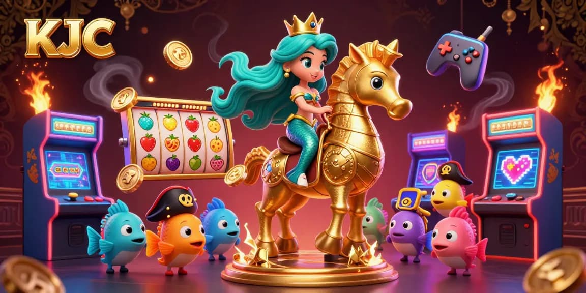 Capture the excitement at KJC with a vibrant illustration featuring a mermaid on a seahorse, surrounded by dynamic gaming elements.