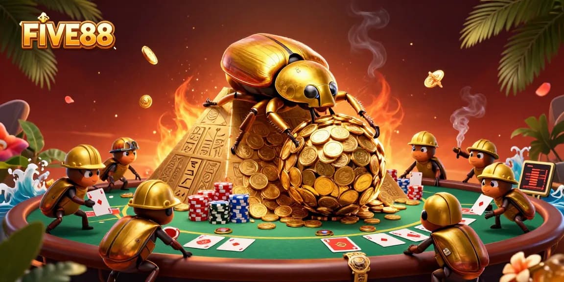 Engage in the vibrant world of FIVE88 with a dynamic casino-themed 3D illustration.