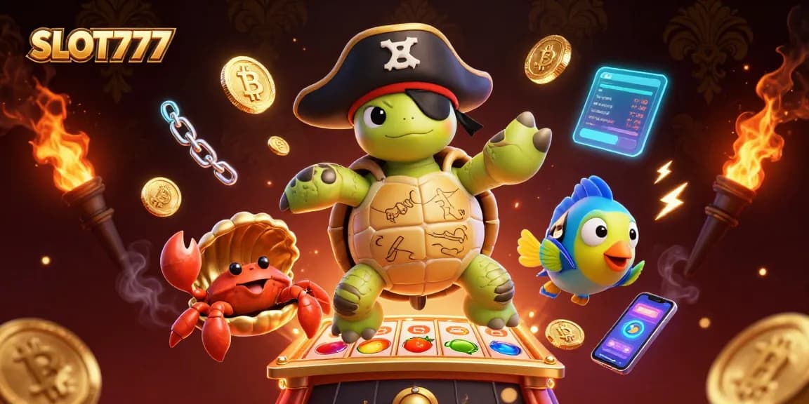 SLOT777 spinning reels and treasure elements with a pirate turtle and friends celebrating wins.