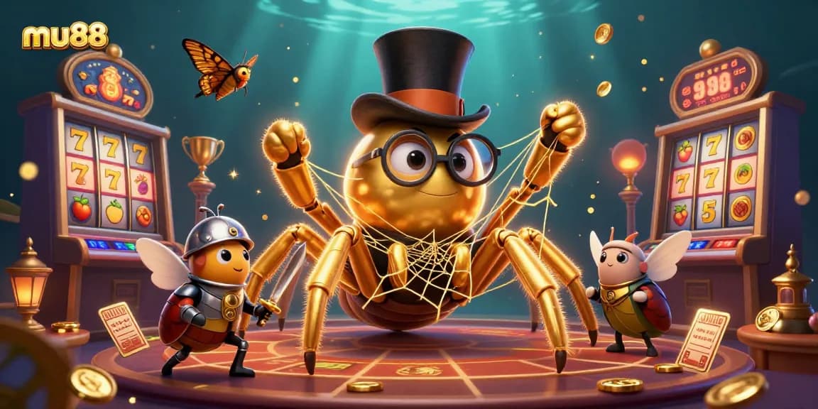 Engage with mu88's vibrant casino scene featuring a golden tarantula and beetle knight amidst slot reels and gold.